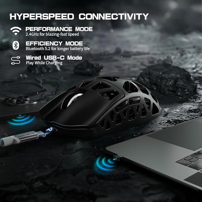 FELICON x Attack Shark R3 Magnesium Alloy Wireless Gaming Mouse, 46g Ultra-Lightweight Skeletal Shell, PAW3395 26K DPI, 8K Polling, Tri-Mode 2.4G/BT/Wired, for PC Mac Laptop - Black