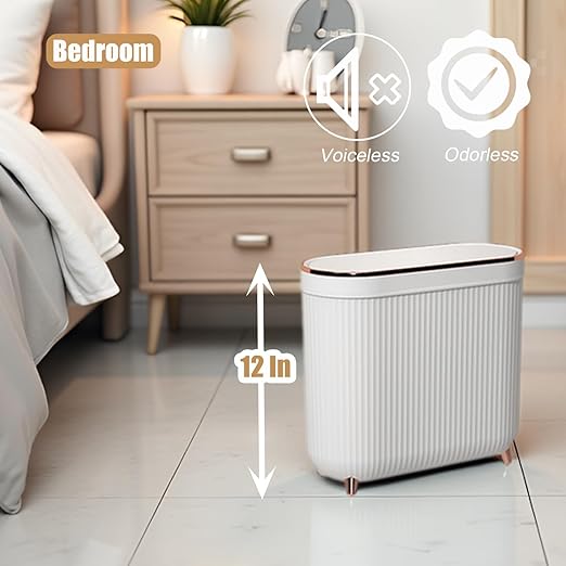 Yatmung Small Bathroom Trash Can with Lid - Slim Decorative Garbage Can - Press-Top Trash Bin for Bedroom, Home Office, Narrow Space, Plastic - 12 Liter Waste Paper Basket - White with Rose Gold Legs