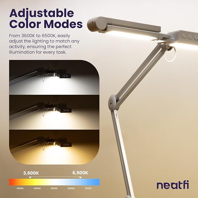 Neatfi 3,000 Lumens LED Desk Lamp, Dimmable, 360 SMD LEDs, 30W, CRI 95, Adjustable Light Modes, Task Lamp for Home Office, Study, Workstation (White, 44-Inch, CCT with Clamp)