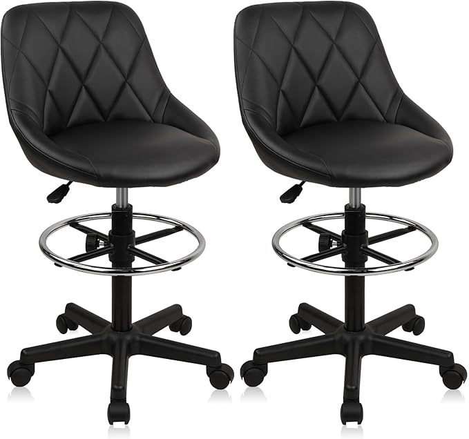 KLASIKA Drafting Chair with Back, Leather Rolling Swivel Stool with Adjustable Height and Footrest, Ergonomic Tall Standing Desk Office Chairs with Wheels for Home Work Shop Kitchen Bar, 2PK