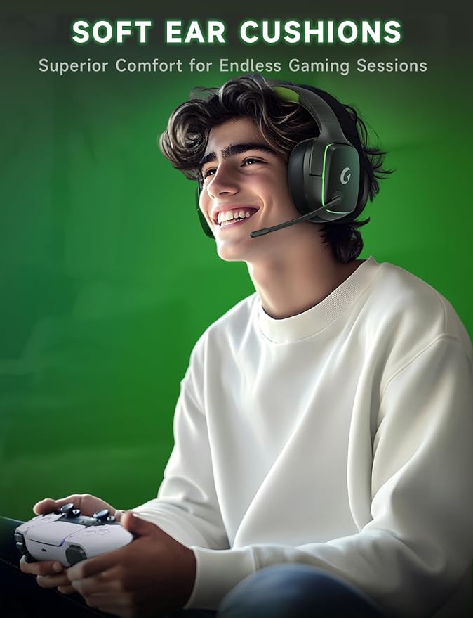 Gvyugke 2.4GHz Wireless Gaming Headsets for PS5, PS4, PC, Switch - Bluetooth 5.3 Gaming Headphones with Noise Canceling Mic, 7.1 Surround Sound, 70H Battery, Blue Lighting - Black Green