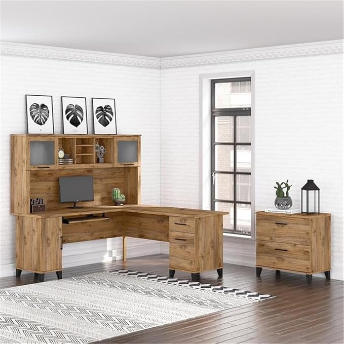 Pemberly Row 72W L Shaped Desk with Hutch and File Cabinet, Engineered Wood, Fresh Walnut Finish, Spacious Home Office Furniture Set with Storage for Files and Supplies