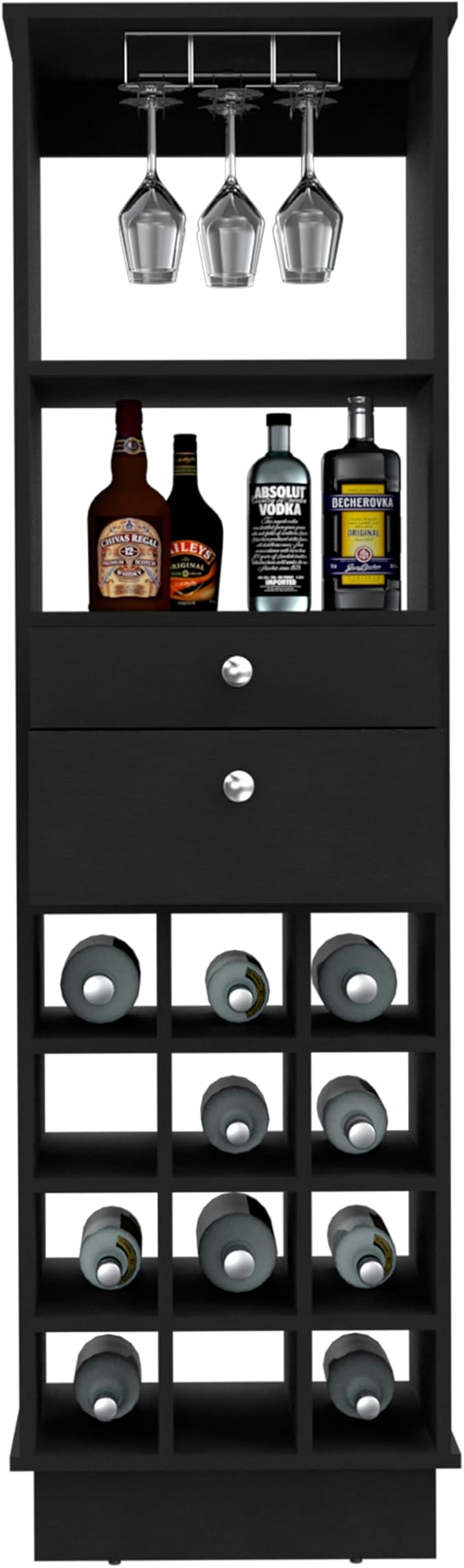 Bar Cabinet Bureck, Two Drawers, Twelve Wine Cubbies, Black Wengue Finish