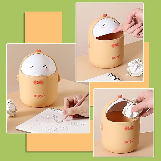 Cute Desktop Trash Can Wastebasket with 90 Trash Bags, Creative Mini Countertop Garbage Can with Lid, Small Plastic Storage Bin for Home Kitchen Dressing Office Kids Bedroom(Yellow)