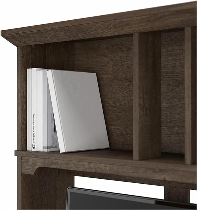 Pemberly Row 60W Hutch for L Shaped Desk, Engineered Wood, Ash Brown Finish, Open Cubby Storage, Decorative Accents, Modern Farmhouse Style, Large Monitor Space, Home Office Organization