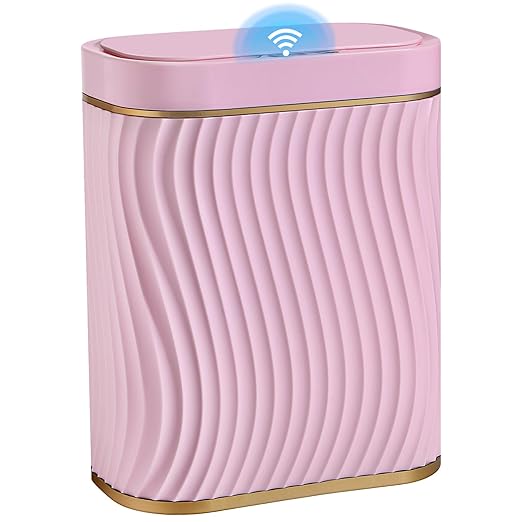 steo spce Bathroom Small Trash Can with Automatic Touchless Lid, 2.6 Gallon Smart Garbage Can Narrow Waterproof Trash Bin for Bedroom, Office, Living Room (Gold Pink)