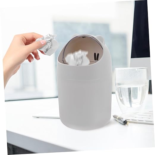 Vaguelly Cute Bear Desktop Trash Can Lid Mini Plastic Waste Bin for Office and Home Slim Cartoon Garbage Can for Bedroom and Desk
