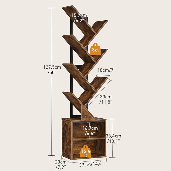 RALGEND Tree Bookshelf, 6 Tier Bookcase with 2 Storage Racks, Free Standing Tall Wooden Bookcase, Floor Standing Book Shelf Organizer for Living Room, Bedroom, Study, Home Office, Rustic Brown