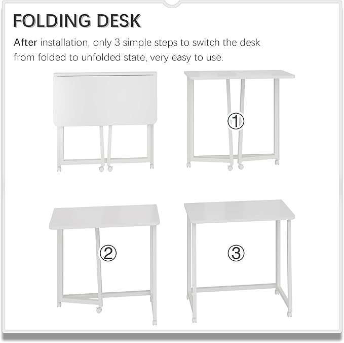 4NM 23.6" Mobile Small Folding Desk, Foldable Rolling Computer Home Office Desk, Study Writing Table for Small Space Saving Bedroom, with Wheels - All White