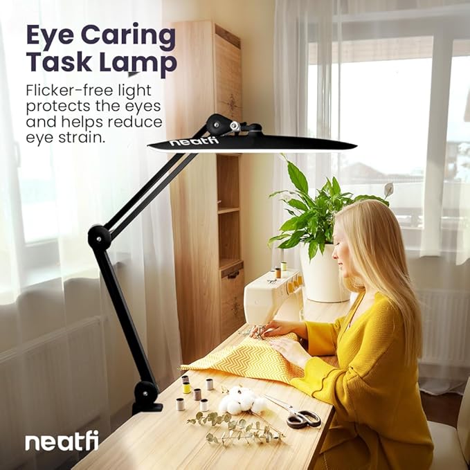 Neatfi XL 2200 Lumens 20W LED Desk Lamp with Clamp – Adjustable Color Temperature | 4-Level Dimmable Light | Home Office, Crafts & Workbench | 20-Inch Wide Head (Black, CCT with Clamp)