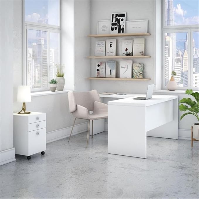 Pemberly Row L Shaped Engineered Wood Office Desk Set, Pure White Finish, 60W x 62.99D x 30H, Includes Mobile File Cabinet, Satin Silver Hardware, Scratch-Resistant Durable Design for Home or Office