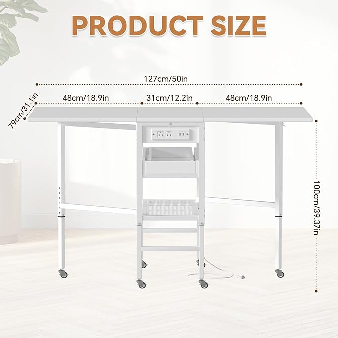 PAKASEPT Height Adjustable Sewing Cutting Table with Charging Station, Folding Craft Table with Storage,Movable Shelves for Large Fabric, Mobile Sewing Desk for Home Office Sewing/Craft Room,White