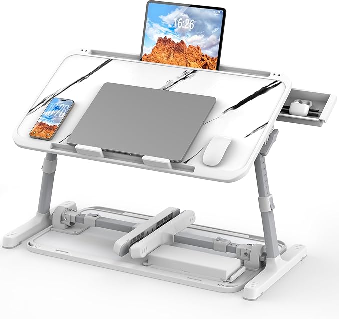 HETTHI Laptop Bed Tray Table, Adjustable Sturdy Laptop Stand for Bed with Premium Materials, Folding Portable Lap Desk with Drawer for Writing Working Reading Eating Couch Floor (Marble, 22.04"×12.2")