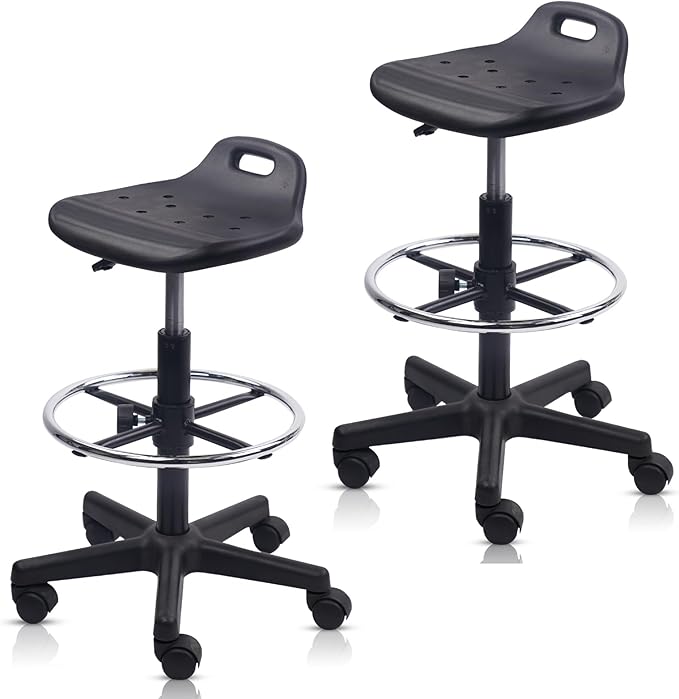 KLASIKA Drafting Rolling Stool Adjustable Height with Foot Rest Breathable Seat Cushion Swivel Stools with Wheels, Multi-Purpose Work Stool for Shop, Task, Salon, Black, 2 Pack