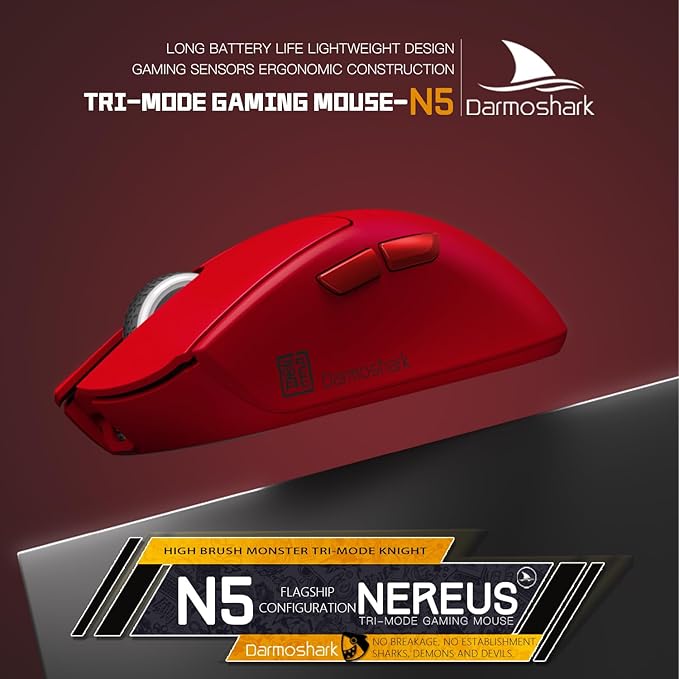 Darmoshark N5 Wireless Gaming Mouse,Tri-Mode 2.4G/USB-C/Bluetooth Mouse Up to 26000DPI,PAW3395 Optical Sensor,PC Gaming Mice with 7 Programmable Button,Suitable for Windows and Mac,500mAh-R
