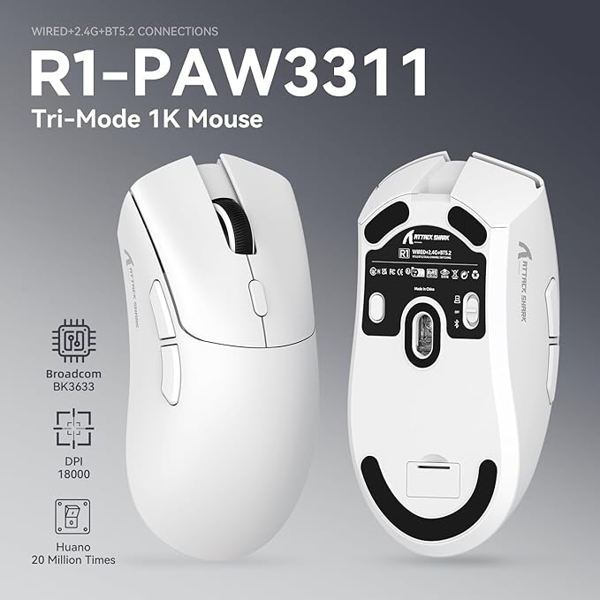 MAMBASNAKE Attack Shark R1 Wireless Gaming Mouse,PAW3311 Optical Sensor 18K DPI,59g Ultralight 2.4Ghz/BT/Wired Computer Mice for Win/Mac - White