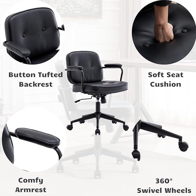 HEAH-YO Modern Armless Desk Chairs Set of 1, Swivel Computer Task Chair with Wheels and Armrests, PU Leather Adjustable Office Chair with Backrest for Home Base, Black