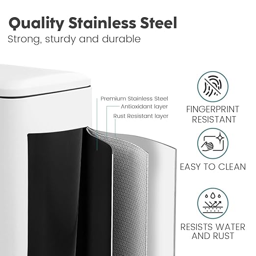 Small Bathroom Trash Can with Lid Soft Close, Step Pedal, 6 Liter / 1.6 Gallon Stainless Steel Garbage Can with Removable Inner Bucket, Anti-Fingerprint Finish, Matte White
