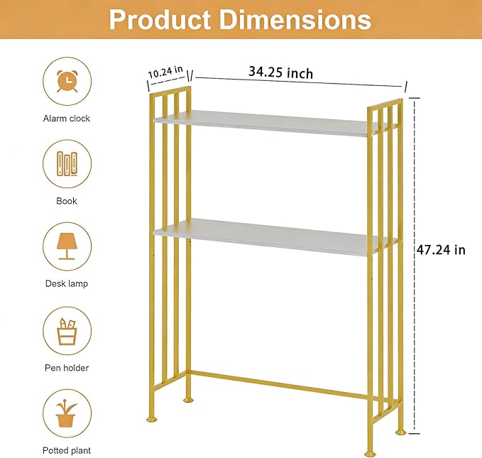 Adjustable Desk Hutch Dorm 2-Tier Rust-Proof Iron Desk with Hutch & Desk Shelf for Top of Desk | Multi-Surface Organizer for Office, Kitchen（Gold）