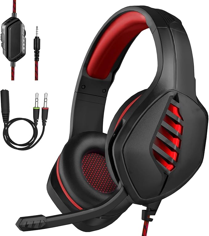 Gaming Headset with Microphone - for PC, PS4, PS5, Xbox One, Xbox Series X|S - 3.5mm Jack Gamer Headphone with Noise Canceling Mic - Black&Red