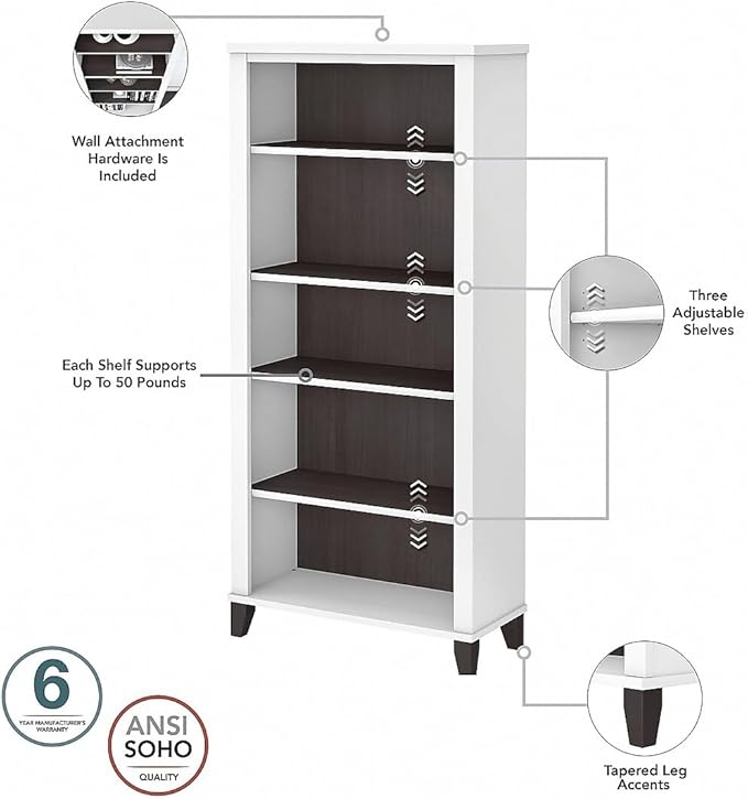 Bush Home Somerset 72W Office Desk with Hutch and 5 Shelf Bookcase in White and Storm Gray