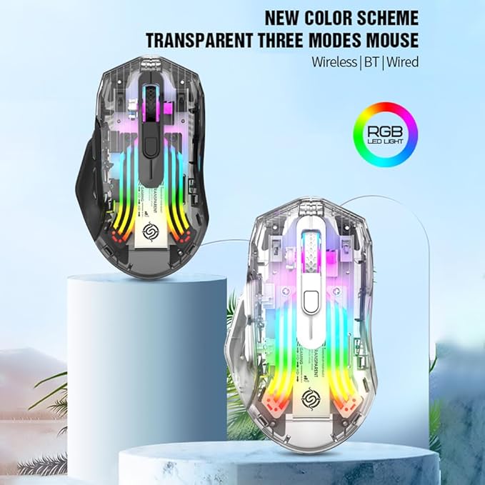 Docooler Wireless Gaming Mice with Transparent Crystal Shell, Tri-Modes(USB Wired+2.4G Wireless+Bluetooth), 3600DPI Adjustable E-Sports Mice, RGB Slient Mouse with Ergonomics Design - White/Black
