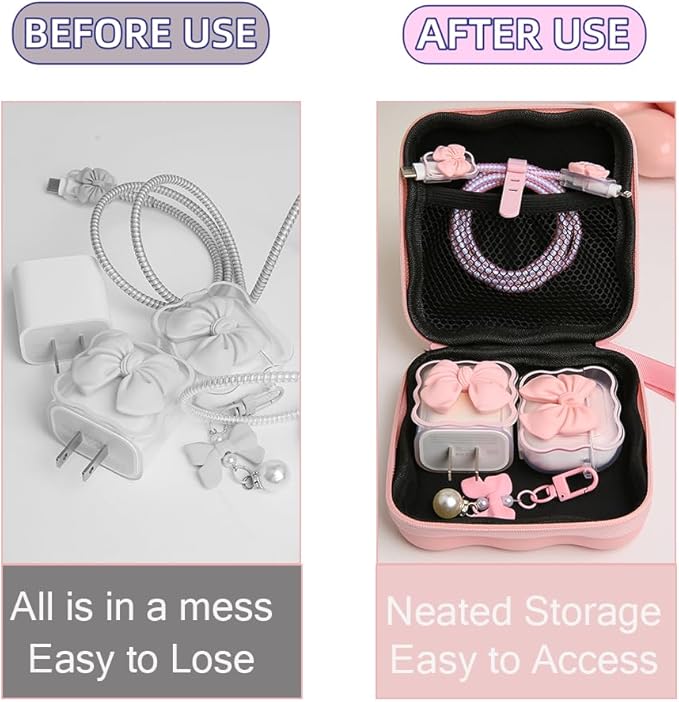 Charger Cover Storage Bag, Cute 3D Bow Tie Waves Design Charger Protector Travel Storage Case, Earphone Wire Saver Cable Cord Organizer Wireless Earphone Storage Box, Pink Bow