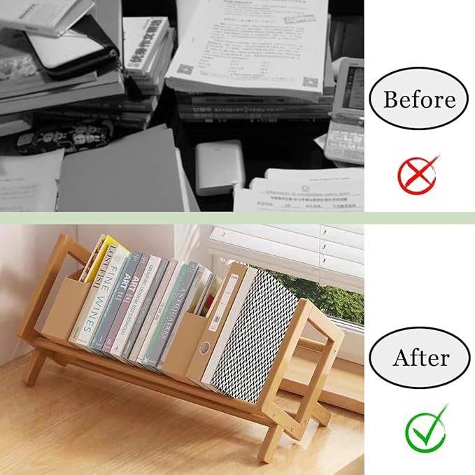 Wood Tilting Bookcase in Living Room/Home/Office, Desktop Book Shelf Organizer Bookshelves Storage Rack for CDs/Magazine/Books Display (Yellow, 19.68"-L)