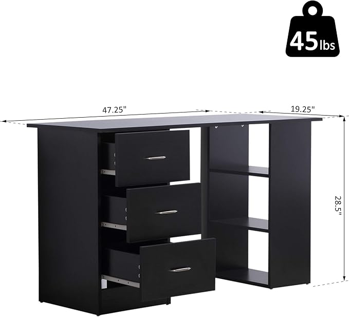 HOMCOM 47" Modern Home Office Computer Desk Bookcase Combo Writing Table Workstation with 3 Drawer and Storage Shelf - Black