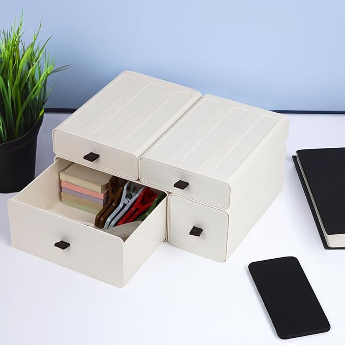ZEXALOR White Desk Organizer with Drawers, Dresser Desktop Makeup Nightstand Organizer, Storage Drawer for Small Spaces Pens Stationary Cosmetic Junk, Office Supplies and Accessories (4-Drawer)