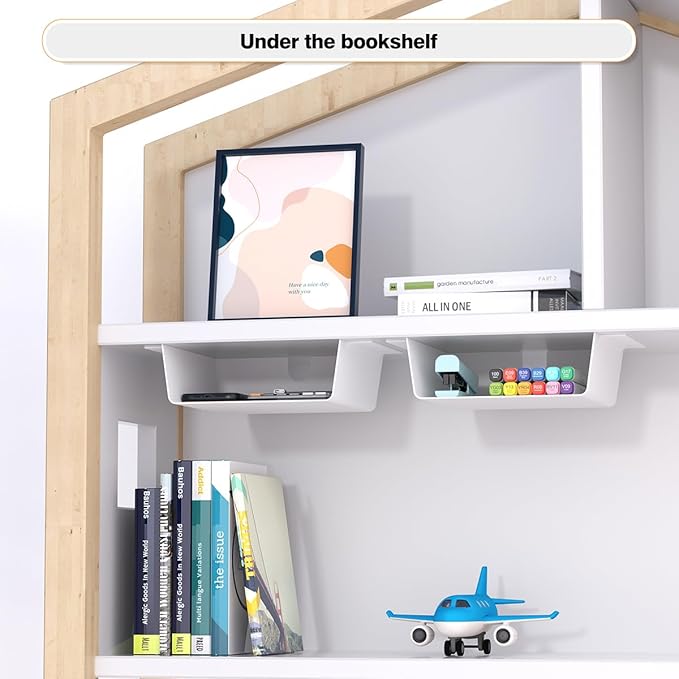 4 Pack Adhesive Under Desk Hanging Shelf Mount Drawer Organizer, Attachable Plastic Under Desk Storage Tray for Standing Desks, Tables, Workstations, Gaming, Cabinet, Increase Storage Space - White