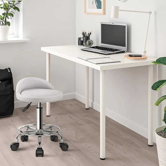 KKTONER PU Leather Round Rolling Stool with Foot Rest Height Adjustable Swivel Drafting Work SPA Medical Task Chair with Wheels (White)
