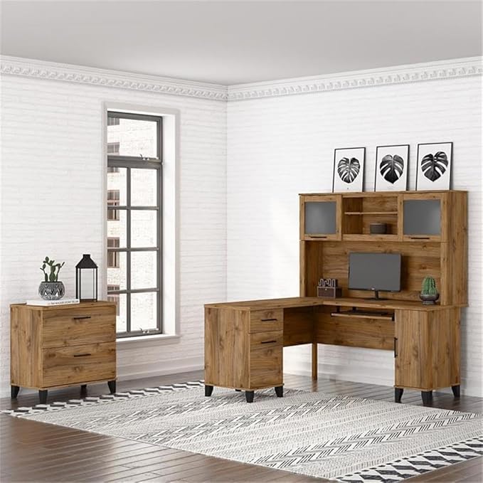 Pemberly Row 60W Engineered Wood L Shaped Desk with Hutch & File Cabinet, Fresh Walnut Finish, Frosted Glass Doors, Keyboard Tray, Legal/Letter File Storage, Home Office Furniture Set