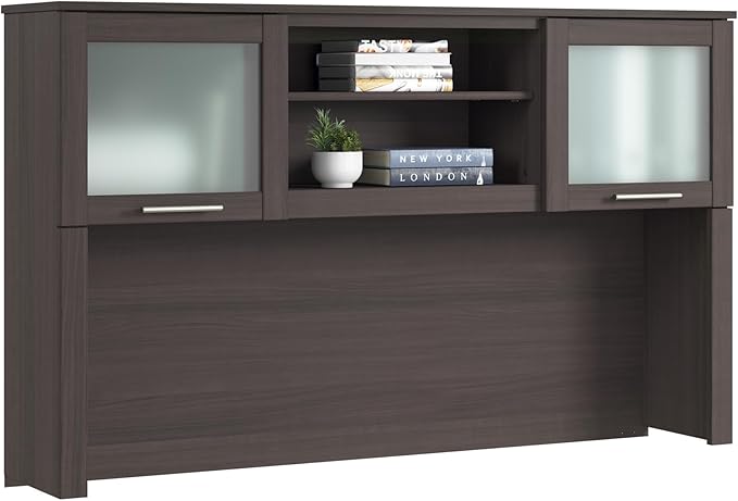 Bush Home 60-Inch Desk Hutch, Office Storage Organizer with Shelves, Cubbies and Frosted Glass Doors for Computer Desk, Home Office Furniture, Somerset Collection, Storm Gray