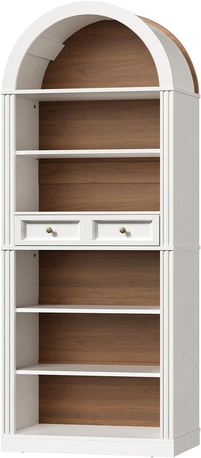 RALGEND Arched Bookshelf, 73" Tall Arch Bookcase with Drawers, 6-Tier Farmhouse Book Shelf, Wooden Bookshelf with Open Display Shelves for Living Room, Office, Adjustable Shelf, Walnut and White