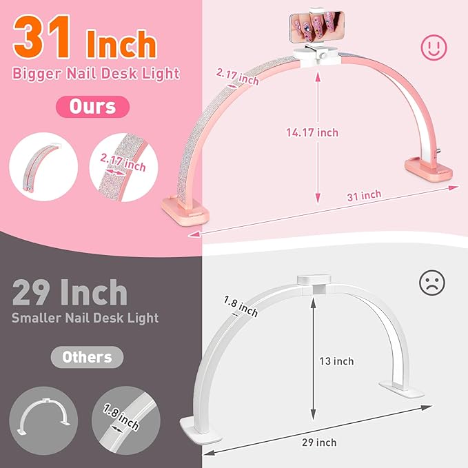 HITTI Super Large 31in Half Moon Light for Nail Desk, Foldable Arch Light for Nail Tech Lamp with Phone Stand, LED Table Lamp for Manicure, Handicraft, Art, Eyelash Extension (Crystal Diamond)-Pink