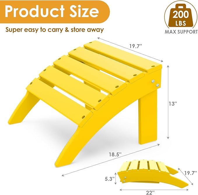 IVY&LANE Outdoor Adirondack Ottoman | Folding | HDPE | Yellow | All Weather | Waterproof Patio Footrest for Adirondack Chair | Poly Lumber Foot Rest for Deck Backyard