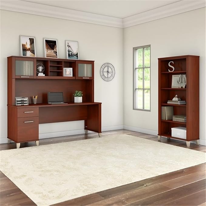 Scranton & Co Somerset Office Desk with Hutch & Bookcase, 72W Hansen Cherry Finish, Adjustable Shelves, Frosted Glass Doors, Wire Management, Spacious Home Office Furniture Set for Storage and