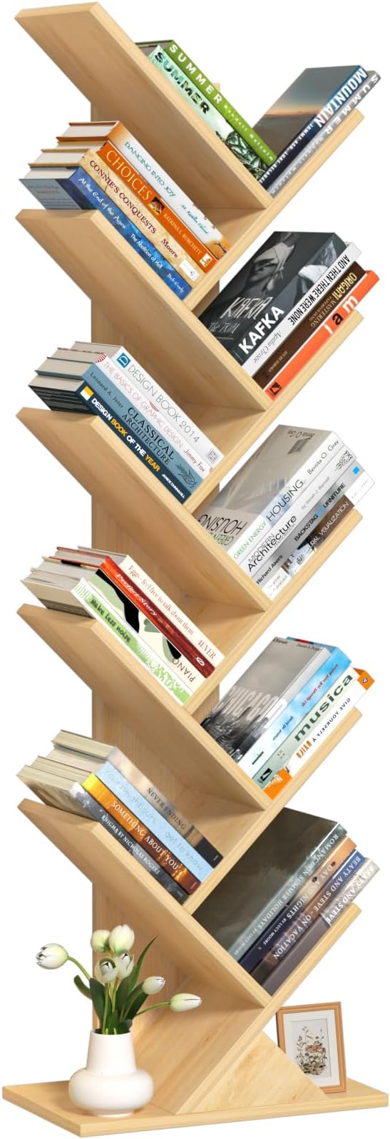 SHEEPAM 10 Tier Tree Book Shelf, Floor Standing Wood Bookshelf for Narrow Space, Storage Organizer Bookshelves for Books/CDs/Magazine, Bookcase with Shelves for Home Office, Living Room - Natural