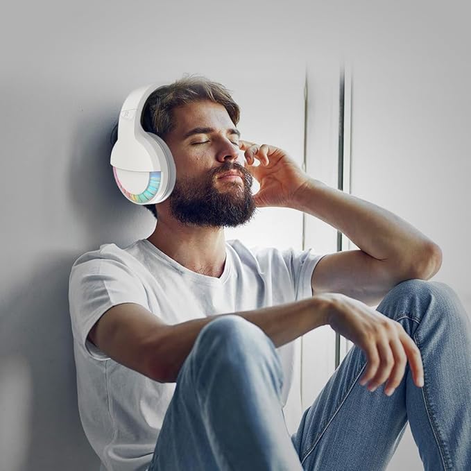Wireless Bluetooth Headphone with Noise Cancellation HiFi Stereo Sound Mic Deep Bass Protein Earpad Rainbow RGB Backlight Rechageable Over Ear Headset for PC Mac Game Travel Class Home Office (White)