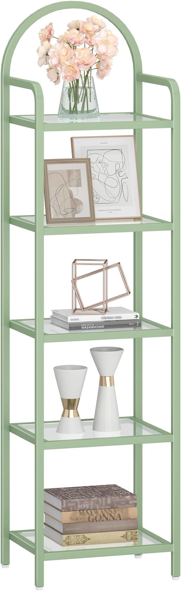 Hzuaneri Bookcase Bookshelf, Tempered Glass Bookshelves, Slim Shelving Unit for Bedroom, Bathroom, Home Office, Steel Frame, 5 Tier Green BC05099C