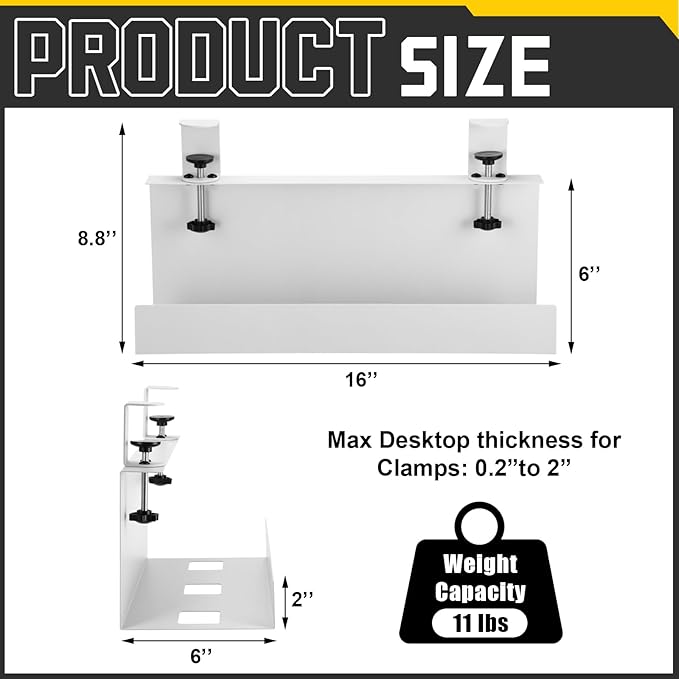 16×6×6 Inch No Drill Clamp-on Power Strip Cable Management Tray Under Standing Desk Steel Cable Organizer Wire Cord Tamer for Office, Home, Garage(White)