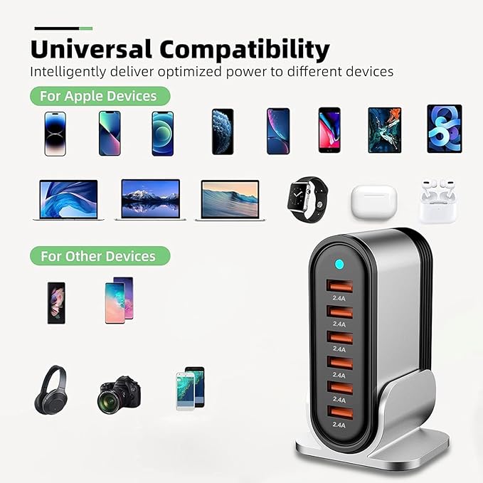 6 Port USB Charging Station, Type A Charger, Multi USB Charger for iPhone 14/13 /12/11Series, iPad Pro/Air/Mini, Galaxy, LG and More