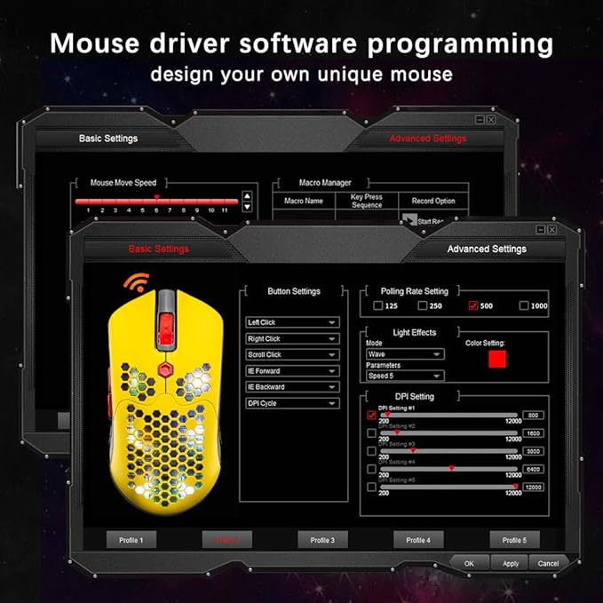 Wireless Gaming Mouse,16 RGB Backlit Ultralight Wireless/Wired Mice with Programmable Driver,Rechargeable 800mA Battery,Pixart 3325 12000 DPI,Lightweight Honeycomb Shell for PC Gamers (Yellow)