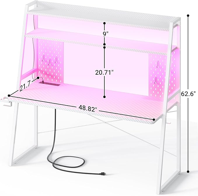 Besiost Gaming Desk with Hutch and LED Lights, Gaming Computer Desk with Power Outlets, Gamer Desk with Storage Shelves, PC Game Desk with Pegboards for Bedroom, Carbon Fiber White, 49"