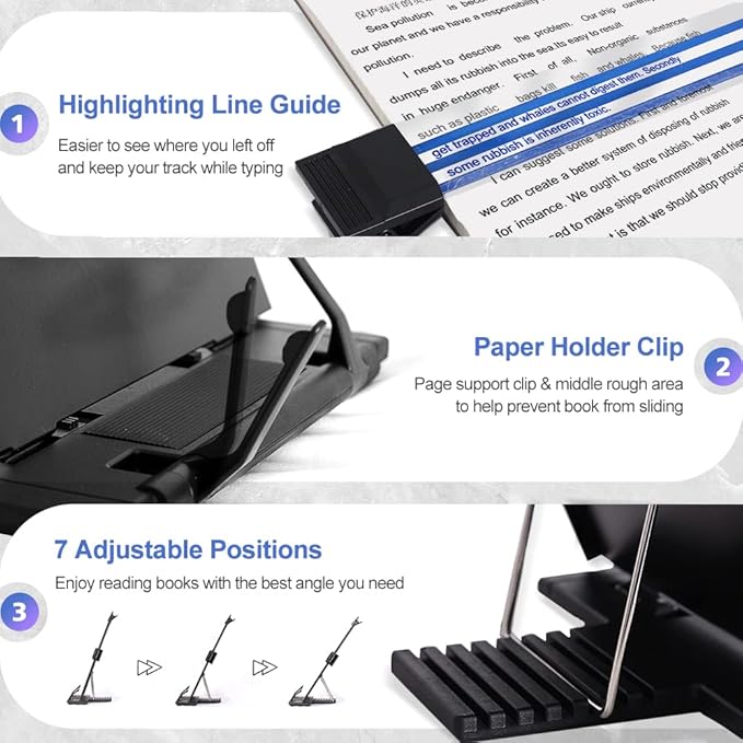 OSPNIEEK 2 Pack Desktop Document Holder Stand with 7 Adjustable Position, Black Metal File Organizer Copyholder for Typing Speech Reading A4 Letter Music Book Tablet Office, with Paper Clip Line Guide