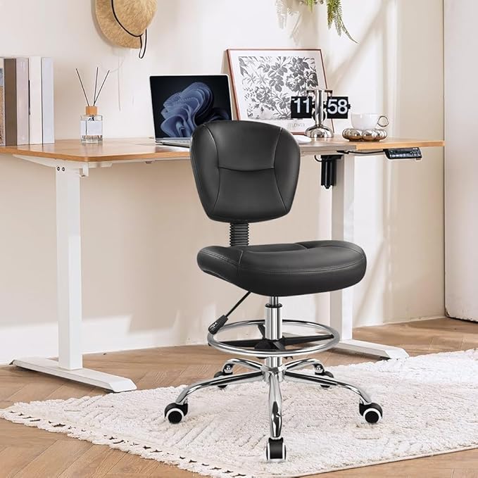 WKWKER Drafting Chair with Back Footrest Adjustable Office Stool Chair 360 Swivel Rolling Stool with Wheels Desk Chair with Backrest for Drafting Office Lab Studio Counter Bedroom Kitchen Shop (Black)