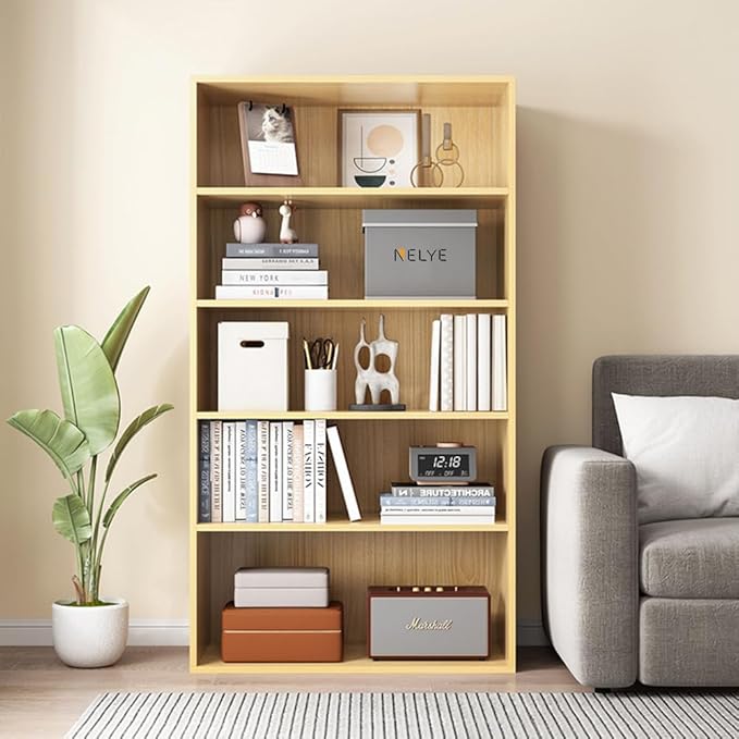 NELYE Basic Open Shelf Bookcase - 5-Tier Wooden Cube Storage Shelves Split Bookshelf, Oak