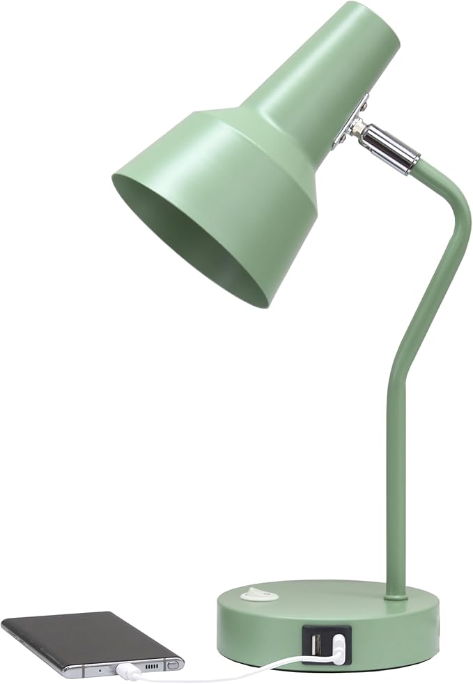Simple Designs LD1072-SGE 15.2" Sleek Essentials Metal Cone Shade Desk Lamp with Adjustable Shade and Dual USB Ports, for Office, Desk, Nightstand, Dorm, Sage Green