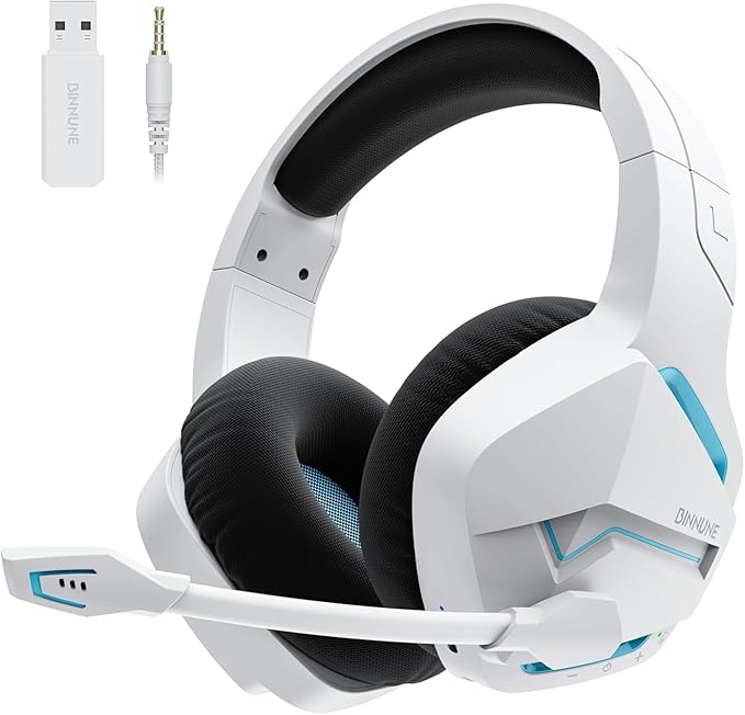 BINNUNE 2.4GHz Wireless Gaming Headset, Bluetooth 5.3 Gaming Headphones with Noise Canceling Mic, 120H Ultra-Long Battery, 50mm Drivers, Multi-Platform for PC / PS5 /PS4/ Switch/Mobile, White